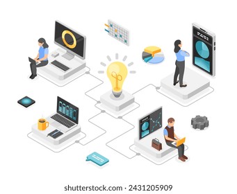 Technology startup. Isometric concept of digital science or network. Young adults working with laptop, creative ideas flawless vector scene