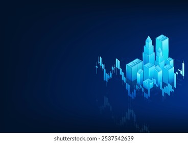 Histórico do gráfico de ações de tecnologia, A cidade no fundo, mostra o crescimento da economia que refletirá a existência de novas empresas, edifícios e novos negócios.