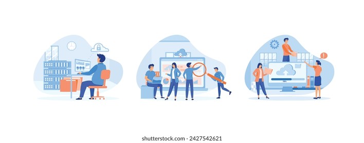 Almacenamiento de tecnología y servicio de servidor en la nube. Servidores de almacenamiento del centro de datos. Descargar archivo. Cloud Computing 3 set vector plano ilustración moderna