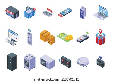 Technology store icons set isometric vector. Electronic mobile. Shop pay