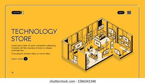 Technology Store Isometric Landing Page. Empty Mall Interior With Electronic Production On Shelves, Game Panels, Monitors, Gadgets For Gaming, Counter Desk 3d Vector Line Art Illustration, Web Banner