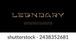 Technology striped font, digital cyber alphabet, golden letters A, B, C, D, E, F, G, H, I, J, K, L, M, N, O, P, Q, R, S, T, U, V, W, X, Y, Z and numbers 0, 1, 2, 3, 4, 5, 6, 7, 8, 9, vector illustrati