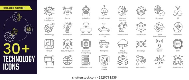 Coleções de ícones do Technology Stroke. Contendo robótica avançada, inteligência artificial, realidade virtual, realidade aumentada e ícones de computação quântica. Ícone de traçado editável coleção Ícone de estrutura de tópicos