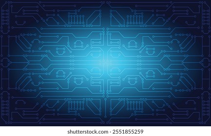 Technology style background, circuitry on a motherboard in a neon blue colour scheme