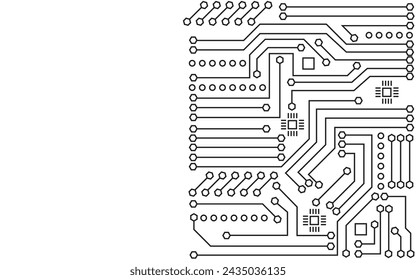 Technologisches Stilkonzept. Leiterplatte auf weißem Hintergrund. Elektrisches Anschlusssystem, elektronische Schaltung, schwarzer Leitungsstil, linker Kopierraum oder leer