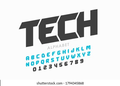 Technology style font, science alphabet, letters and numbers vector illustration