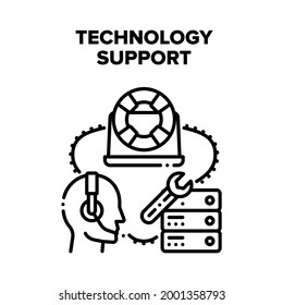 Technology Support Assist Vector Icon Concept. Online Technology Support Assist For Remote Repair Device, Operator Advising Customer For Fix And Maintenance Gadget Black Illustration