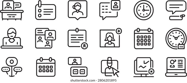 Technology Support Icons Set with User, Clock, Calendar, Chat, and Document Symbols for Customer Service Workflow