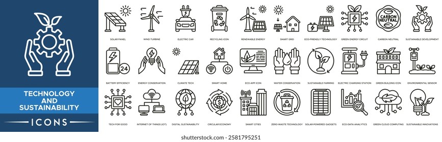 Technology and Sustainability icon. Solar Panel, Wind Turbine, Electric Car, Recycling Icon, Renewable Energy and Smart Grid