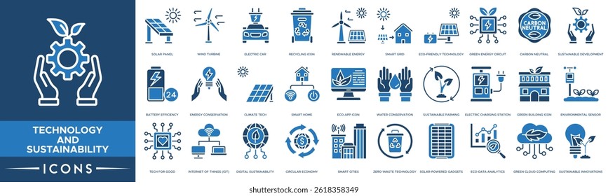 Technology and Sustainability icon. Solar Panel, Wind Turbine, Electric Car, Recycling Icon, Renewable Energy and Smart Grid