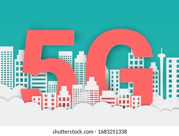 Technology, the symbol of the 5G network and there are many buildings
