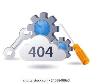 Technology system code 404 error warning gear symbol, flat isometric 3d illustration infographic