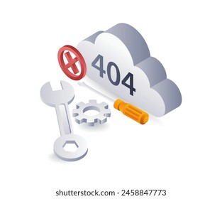 código de error del sistema de Tecnología 404 repair cloud symbol, ilustración 3d isométrica plana infografía