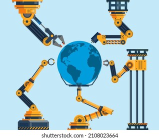Technology is taking over the world. Robot hands and planet earth, technological progress and innovation process, business and science development. Vector isolated concept