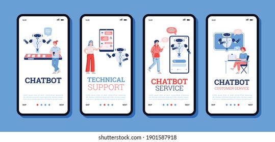 Technology of technical support in chatbot service for customers. A set of mobile phone screens with people communication in chat with virtual assistant. Vector illustrations.