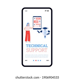 Technology of technical support and service customers using chatbot. Vector mobile phone screen with girl communicating in chat with virtual assistant, artificial intelligence.