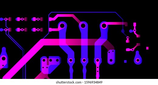 Technology Terminal Background. Red,  blue, background with digital integrated network technology. Printed circuit board. 