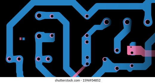 Technology Terminal Background. Red,  blue, background with digital integrated network technology. Printed circuit board. 