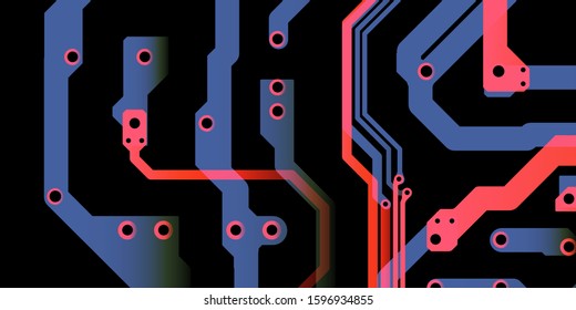 Technology Terminal Background. Red,  blue, background with digital integrated network technology. Printed circuit board. 