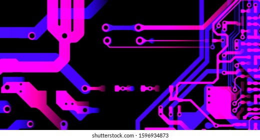 Technology Terminal Background. Red,  blue, background with digital integrated network technology. Printed circuit board. 