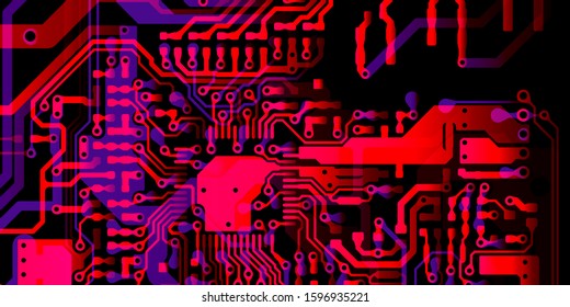 Technology Terminal Background. red, blue, background with digital integrated network technology. Printed circuit board. 