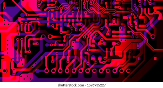 Technology Terminal Background. red, blue, background with digital integrated network technology. Printed circuit board. 