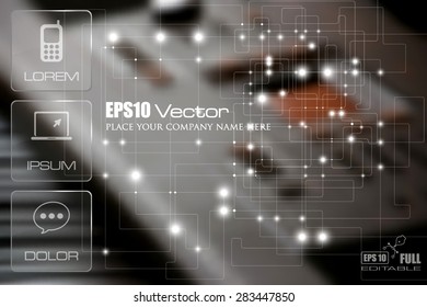 Technology theme template. Flat web or print design with glass appearance displays over a hi tech control panel background