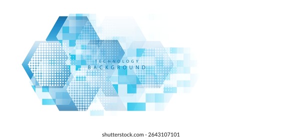 Technology themed background consisting of hexagon patterns and colorful pixel textures in blue and white scientific tones or presentation of innovative information.
