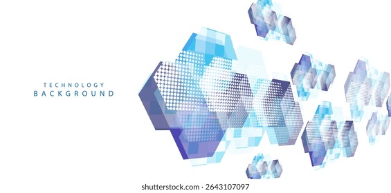 A technology themed background using blue, white and navy blue tones, creating a modern and innovative feel. The illustration features a pattern of cubes and hexagons connected in curved lines.