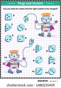 Technology themed educational puzzle: Can you help the robots find the right sockets to be charged? Answer included.