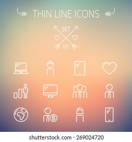 Technology thin line icon set for web and mobile. Set includes - laptop, tablet, computer, globe, man, woman, heart, statistics icons. Modern minimalistic flat design. Vector white icons on gradient