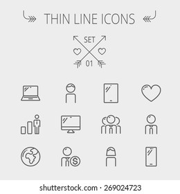 Technology Thin Line Icon Set For Web And Mobile. Set Includes - Laptop, Tablet, Computer, Globe, Man, Woman, Heart, Statistics Icons. Modern Minimalistic Flat Design. Vector Dark Grey Icons On Light