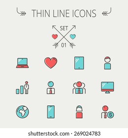 Technology thin line icon set for web and mobile. Set includes - laptop, tablet, computer, globe, man, woman, heart, statistics icons. Modern minimalistic flat design. Vector icons with dark grey