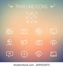 Technology thin line icon set for web and mobile. Set includes - laptop, monitor,video camera, megaphone, web camera, gear, camera, clouds up and down. Modern minimalistic flat design. Vector white