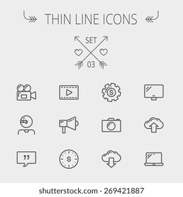 Technology thin line icon set for web and mobile. Set includes - laptop, monitor,video camera, megaphone, web camera, gear, camera, clouds up and down. Modern minimalistic flat design. Vector dark