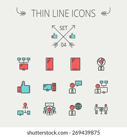 Technology thin line icon set for web and mobile. Set includes - Mobile phone, gadget, computer, CPU, global. Modern minimalistic flat design. Vector icon with dark grey outline and offset colour on