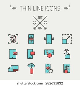 Technology thin line icon set for web and mobile. Set includes - mobiles icons, fingerprint, wireless gadgets icons. Modern minimalistic flat design. Vector icon with dark grey outline and offset