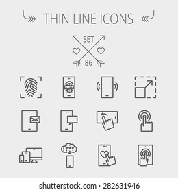 Technology thin line icon set for web and mobile. Set includes- mobiles icons, fingerprint, wireless gadgets icons. Modern minimalistic flat design. Vector dark grey icon on light grey background.