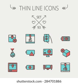 Technology thin line icon set for web and mobile. Set includes-3D printer, 3d box, tv with speakers, battery. Modern minimalistic flat design. Vector icon with dark grey outline and offset colour on