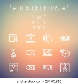 Technology thin line icon set for web and mobile. Set includes -3D printer, 3d box, tv with speakers, battery. Modern minimalistic flat design. Vector white icon on gradient  mesh background.