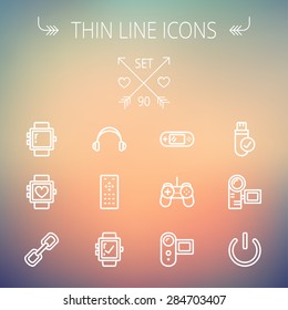 Technology thin line icon set for web and mobile. Set includes -video game, joystick, digital cam, power button, remote control, digital watch, USB. Modern minimalistic flat design. Vector white icon