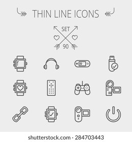 Technology Thin Line Icon Set For Web And Mobile. Set Includes -video Game, Joystick, Digital Cam, Power Button, Remote Control, Digital Watch, USB . Modern Minimalistic Flat Design. Vector Dark Grey