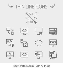 Technology Thin Line Icon Set For Web And Mobile. Set Includes - Monitors, Smartphone, Cloud, Mouse, Wifi, Gear, Speaker. Modern Minimalistic Flat Design. Vector Dark Grey Icon On Light Grey