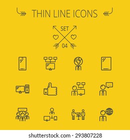 Technology thin line icon set for web and mobile. Set includes - Mobile phone, gadget, computer, CPU, global thumbs up, presentation. Modern minimalistic flat design. Vector dark grey icon on yellow