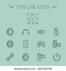 Technology thin line icon set for web and mobile. Set includes -video game, joystick, digital cam, power button, remote control, digital watch, USB . Modern minimalistic flat design. Vector dark grey