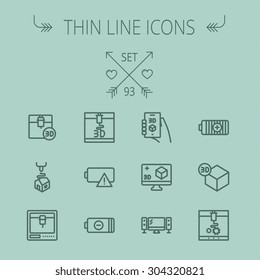 Technology thin line icon set for web and mobile. Set includes - 3D printer, 3d box, tv with speakers, battery. Modern minimalistic flat design. Vector dark grey icon on grey background