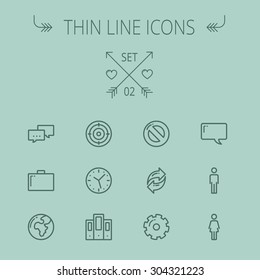 Technology thin line icon set for web and mobile. Set includes - speech square, clock, gear, bag, global. Modern minimalistic flat design. Vector dark grey icon on grey background