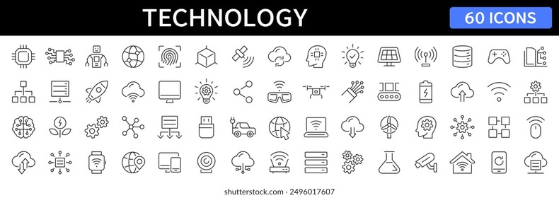 Conjunto de iconos de línea delgada de Tecnología. Innovación, robot, biométrico, IA, tecnología digital, icono de carrera editable de la industria. Vector