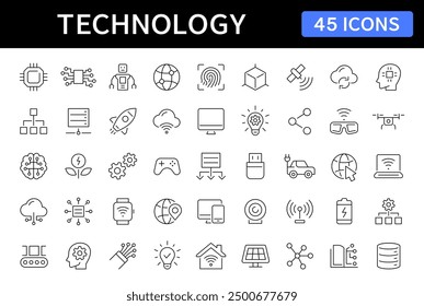 Technology thin line icons set. Innovation, robot, biometric, ai, digital technology, industry editable stroke icon. Vector illustration