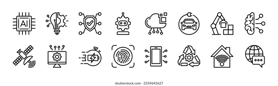 Technology thin line icons vector set. Containing chips, energy, cyber security, robot, digital network, ​vehicle, artificial intelligence, satellite, fast charger, fingerprint, device, connection